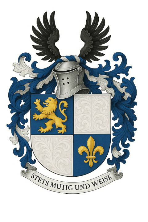 Wappen in heraldischer 3D Darstellung, Schild mit Verzierungen in Feld 2 und 3 
